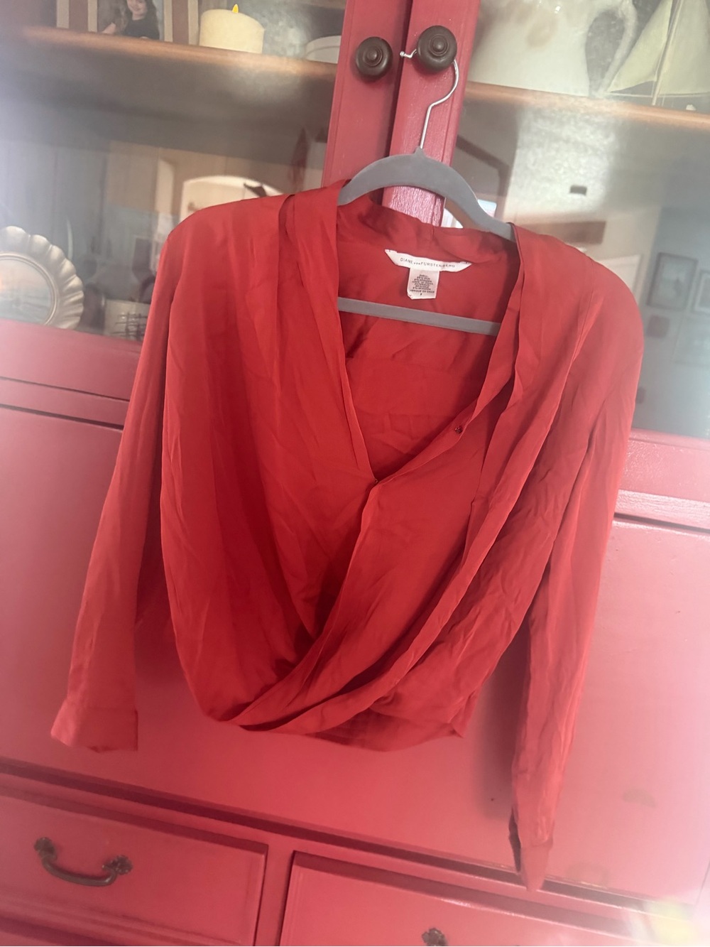 Diane Von Furstenberg Red Draped Crossover V-Neck Blouse